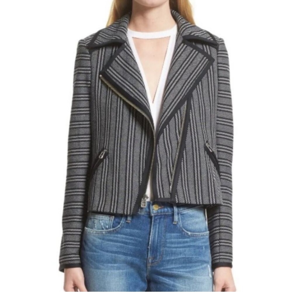 Veronica Beard Benson Moto Zip Jacket Navy White Stripe Size 6